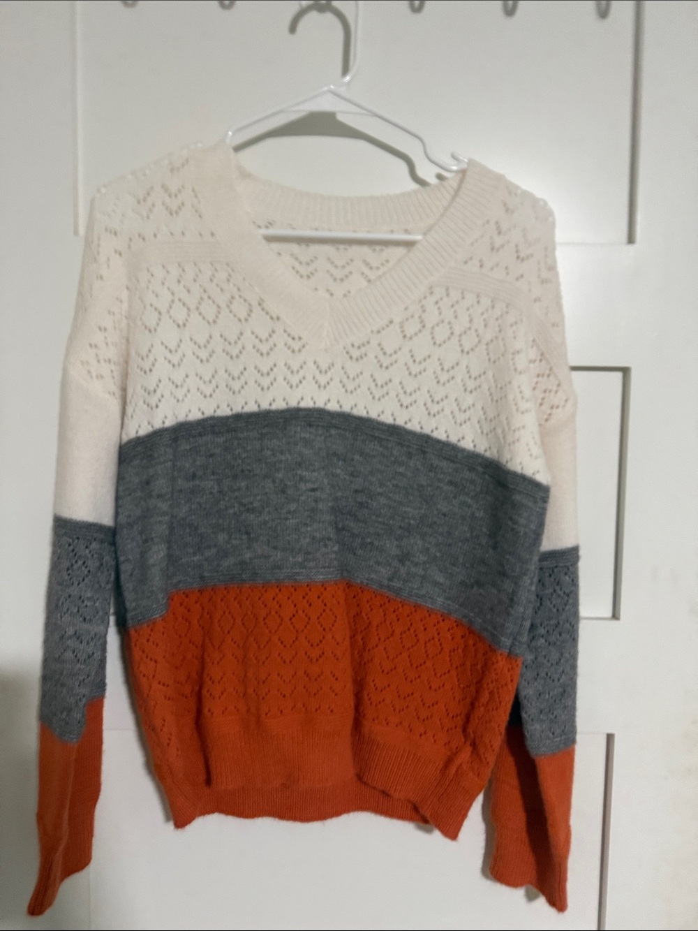 V-Neck Colorblock Open Knit Sweater - Cream, Gray & Rust